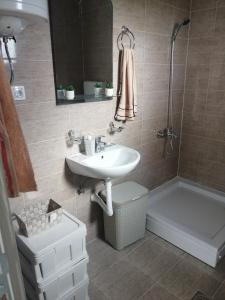 uma casa de banho com um lavatório, um chuveiro e uma banheira em Kuća za odmor Jovana&Ivona 2023 OBRADOVIĆ SOKAK 41 em Šimanovci