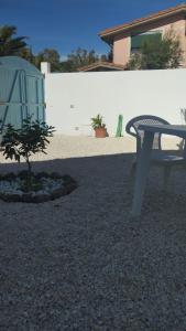 a picnic table and a bonsai tree in a yard at casa vacanza Il Delfino in Torre Grande