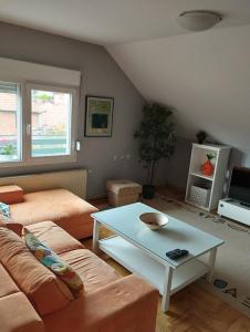 un soggiorno con divano e tavolo di Apartman Aleksandra a Smederevo