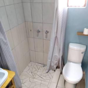 a bathroom with a shower with a toilet and a sink at Kadavu Accommodations in Maun