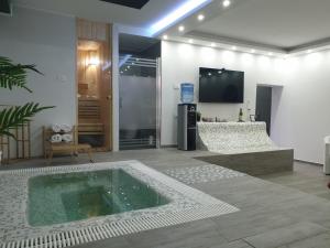 un soggiorno con vasca al centro di Apartmani i sobe Gromilovic SPA a Sombor