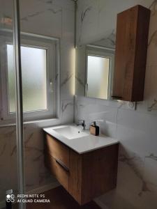 a bathroom with a sink and a mirror at Le Nid de la Baie in Crollon