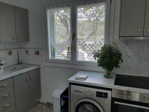 ピルガディキアにあるHouse Kokkalas on the beachのキッチン(洗濯機付)、窓が備わります。