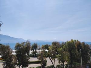 uma vista para um parque de estacionamento com árvores e o oceano em Country House Ortensie em Torre del Greco