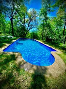 a large pool of blue water in the grass at Casa Ayllantú in Las Trancas