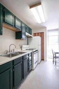 a kitchen with green cabinets and a white refrigerator at WALK to West Point Academy! Charming 2 bdrm Apt overlooking Main Street! in Highland Falls