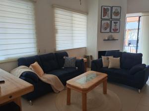 a living room with two blue couches and a coffee table at GoBaja Villas 2 bedroom in La Paz