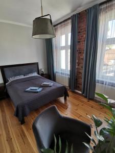 1 dormitorio con 1 cama, 1 silla y ventanas en Apartamenty w ścisłym centrum Kupiecka-Drzewna, en Zielona Góra