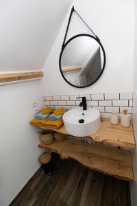 a bathroom with a sink and a mirror at Le paille en queue in Sainte-Mère-Église