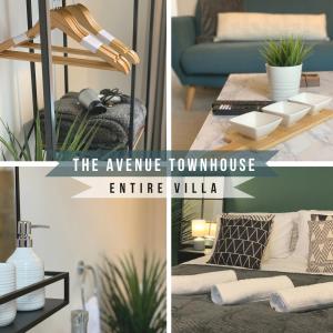 a collage of photos of a living room with a blue couch at The Avenue Townhouse in Leicester