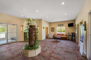 a living room with a large plant in a container at SureStay Hotel by Best Western Whittington Rend Lake in Whittington
