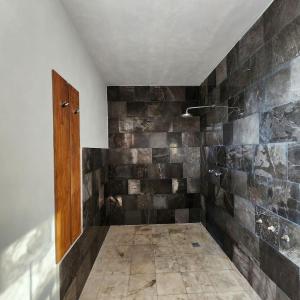 a bathroom with a shower with a stone wall at Amplia Habitación Privada Centro in Mérida