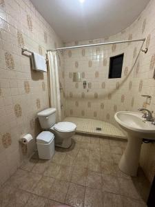 La salle de bains est pourvue de toilettes et d'un lavabo. dans l'établissement Hotel Villa 12 Orquídeas, à San Juan del Río
