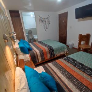 um quarto com 2 camas e almofadas azuis em CASA SAPANTIANA con vista al bosque, cerca a Sacsayhuaman em Cusco