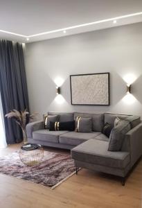 uma sala de estar com um sofá e um tapete em Deluxe Rent Apartment em Tirana