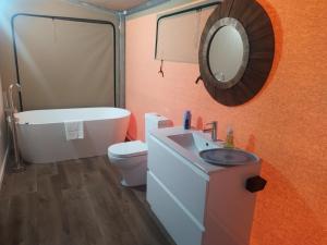 ein Badezimmer mit einem Waschbecken, einem WC und einem Spiegel in der Unterkunft Two Fat Blokes Moroccan Glamping in Pokolbin