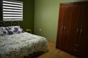 1 dormitorio con 1 cama, vestidor y ventana en CABAÑA 2 TINAJA-PISCINA-QUINCHO, en Valdivia