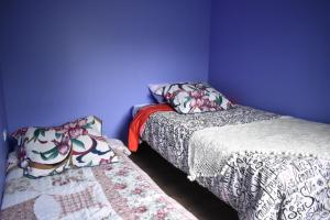 2 bedden in een kamer met paarse muren bij CABAÑA 2 TINAJA-PISCINA-QUINCHO in Valdivia