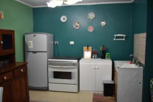 cocina con electrodomésticos blancos y pared azul en CABAÑA 2 TINAJA-PISCINA-QUINCHO en Valdivia
