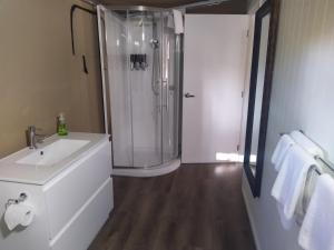 a bathroom with a shower and a sink at Two Fat Blokes African Safari Glamping in Pokolbin