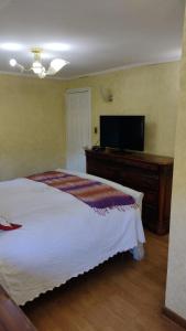 a bedroom with a bed and a flat screen tv at Habitación 1 casa/tinaja/piscina in Valdivia