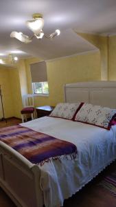 a bedroom with a bed and a ceiling fan at Habitación 1 casa/tinaja/piscina in Valdivia
