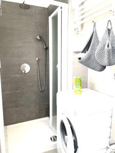 Apartment Sigaba في ميلانو: كشك دش في حمام مع حوض