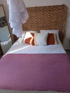 a bed with a purple comforter and pillows on it at Dous'Inn Kreyol Appartement in Grand-Bourg