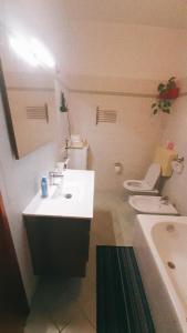 een badkamer met een wastafel, een toilet en een bad bij Appartamento in Cigole