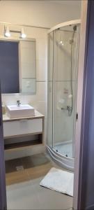 a bathroom with a glass shower and a sink at Nicaragua 2100 in Montevideo