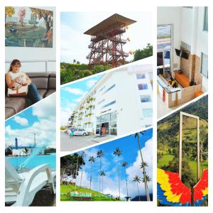 un collage di foto con palme ed edifici di Apto con Piscina a 5min del Parque Nacional Del Café a Montenegro