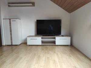 sala de estar con TV de pantalla plana en un centro de entretenimiento en Appartement Illertal, nähe A7 , Legoland, 2 Schlafzimmer en Vöhringen