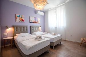 two twin beds in a room with purple walls at Villa Lumaka Sun - Amazing Home In Brodarica with 4 Bedrooms, Wifi, Outdoor Swimming Pool and Heated Swimming Pool in Brodarica