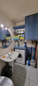 La salle de bains est pourvue d'un lavabo et d'un lave-linge. dans l'établissement Appartement 1 pièce Saint-Gilles-Les-Bains, à Saint-Gilles les Bains