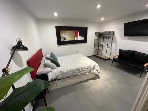 a bedroom with a bed and a couch and a television at Apartmento en el corazon de Malasaña in Madrid