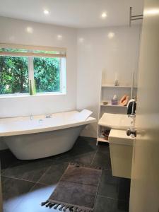 AlbanyにあるMaddisons Garden Guest Suite - Coatesvilleのバスルーム(バスタブ、シンク付)、窓が備わります。
