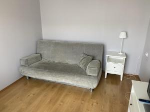 a couch in a living room with a table and a lamp at Apartments in Kauguri in Jūrmala