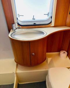 a bathroom with a sink and a window at Żuczkowa Przyczepa - maszoperia in Hel