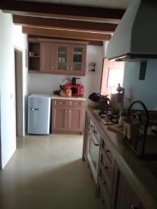 a kitchen with wooden cabinets and a white refrigerator at Harmony at Trifilianika in Trifilliánika +30 photos