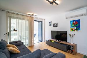 een woonkamer met een blauwe bank en een tv bij Apartment Martina in Dubrovnik