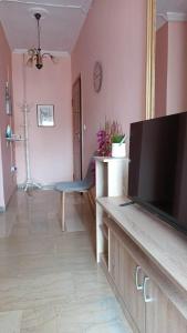 a living room with a flat screen tv and pink walls at 3 Brothers IV in Tríkala