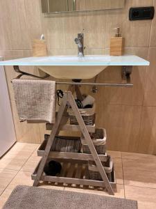 a bathroom with a sink and a shelf under a sink at Piso céntrico y acogedor in Figueres