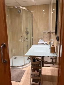 een badkamer met een douche en een witte wastafel bij Piso céntrico y acogedor in Figueres