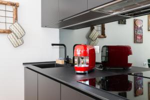 une cuisine avec un appareil rouge sur un comptoir dans l'établissement Appartamento Dany con vista lago, à Nesso