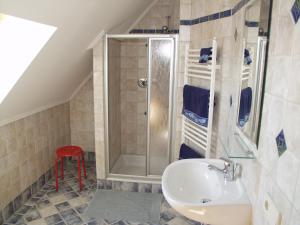 ein Bad mit einer Dusche und einem Waschbecken in der Unterkunft Ferienhaus Eichberg in Leutschach