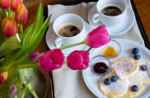 Una bandeja con dos tazas de café y panqueques y flores. en SunLake Hotel en Riva del Garda