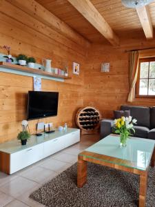 uma sala de estar com paredes de madeira e uma televisão de ecrã plano em Horská chata KorAlpe em Hartelsberg