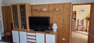 a living room with a tv on a wooden wall at Cascina Del Galin in Lanzo dʼIntelvi