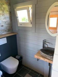 a bathroom with a sink and a toilet and a mirror at Fields 1216 in Zwaanshoek