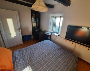 a bedroom with a bed and a flat screen tv at Panoramico nell'antico borgo medievale di Casperia in Casperia